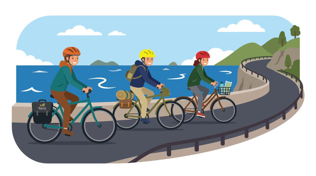 Three friends cycling on a scenic coastal road with ocean views