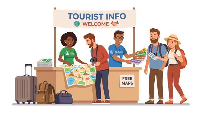 Tourists at Information Booth Getting Maps and Directions