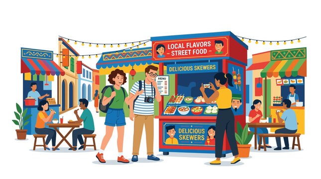 Tourists Enjoying Local Flavors at a Vibrant Street Food Market