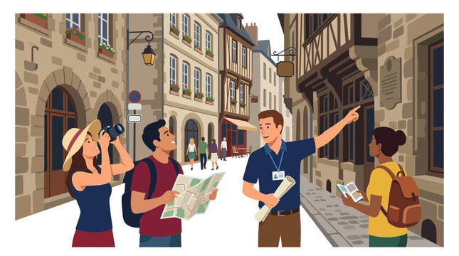 Tourists Explore Historic European Town With Local Guide