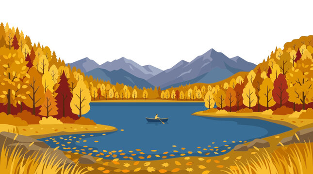 Serene Autumn Lake with Lone Person in Rowboat, Vibrant Fall Foliage and Mountains