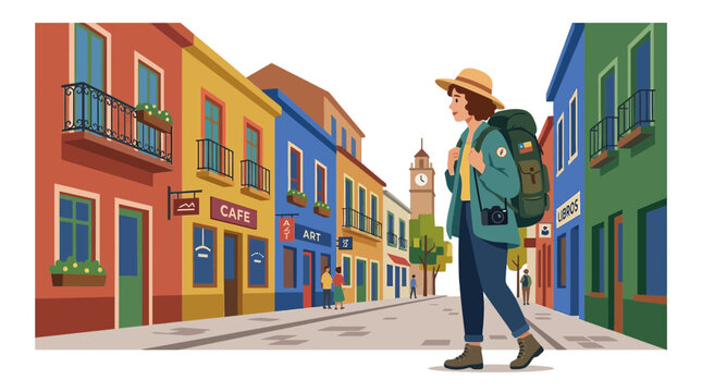 Traveler exploring colorful European street with backpack and camera