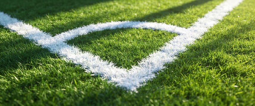 Close-up of white corner arc line on vibrant green grass soccer field