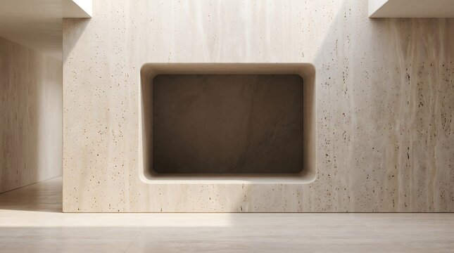 Minimal travertine wall niche with an empty display space for luxury products.