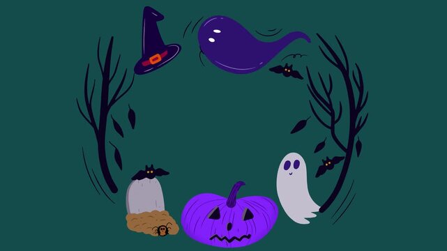 Cute Halloween Wreath Animation with Ghost, Pumpkin, Bats, Witch Hat, and Spooky Floating Elements