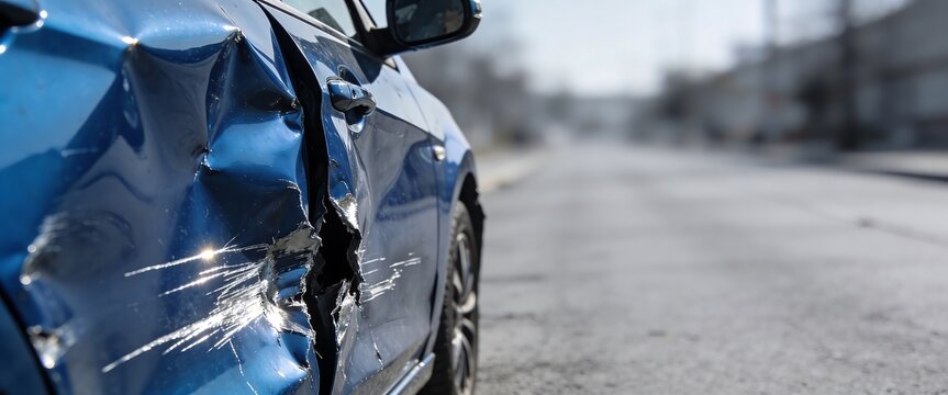 Detailed view of damaged blue car with severe side impact on urban road