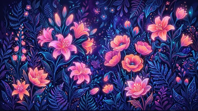 Glowing neon flowers illuminated in a dark fantasy garden setting.