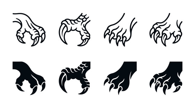 Set of stylized animal claw icons with predator creature wildlife silhouette strength illustration animalistic