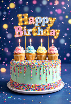 Colorful birthday cake with cupcakes and happy birthday sign perfect for celebration events and parties