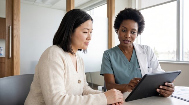 Female healthcare professional guides an East Asian woman through a digital wellness questionnaire on a tablet, supporting timely recognition of blood sugar risk during a primary care appointment