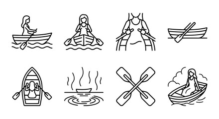 Rowing Boat Icon Set: Nautical Activity, Water Sports, Outdoor Recreation, Travel Adventure © Fariya02