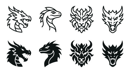 Fototapeta premium Set of fantasy dragon head icons featuring mythical beasts in linear and solid styles mythical creature silhouette