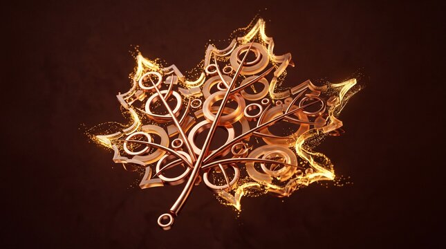 Abstract 3d maple leaf made of golden rings and glowing particles, elegant metallic autumn design on dark background