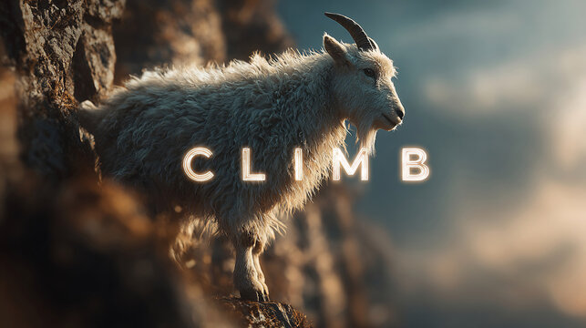 Majestic white mountain goat standing bravely on rocky cliffside with bright neon glow word art text