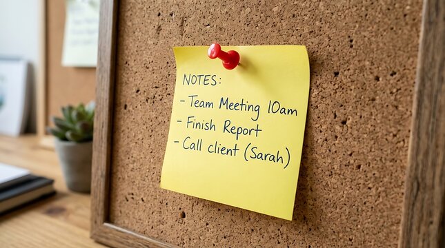 Yellow sticky note with handwritten tasks on a cork board isolated on white background,