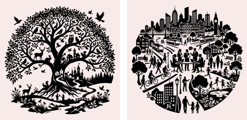 Obraz premium Circular vector silhouette illustrations of a nature tree of life with wildlife and a modern city with urban community and people