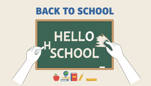Back to school concept illustration showing hands writing on a green chalkboard with cartoon school tools below.