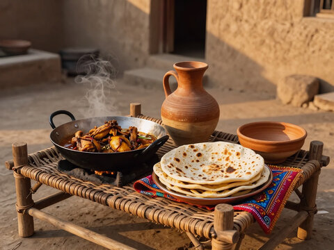 Hot steaming chicken karahi with roti on village charpai
