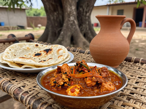Traditional chicken curry with roti served on a village charpai