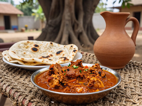 Desi chicken karahi with flatbread and clay water pitcher