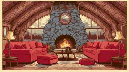 Obraz premium This lodge interior features two red sofas, a fireplace, and large windows showing trees outside. Warm tones create a welcoming atmosphere.