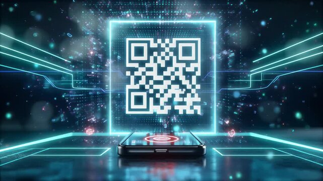 Dynamic QR Code Generation and Scanning Animation on Smartphone Screen, Futuristic Digital Interface, Holographic Data Transmission, Representing Connectivity, Information Access