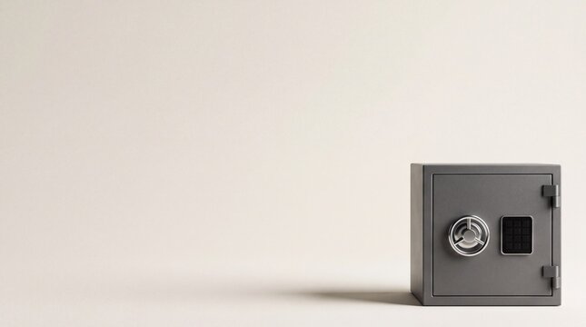 Frontal view of closed grey steel safe box on floor beside wide copy space on solid beige background featuring secure money storage mockup