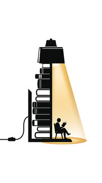 Minimalist modern poster with a giant bookend and stacked books forming a lamp, warm golden light illuminating a reader on pure white background