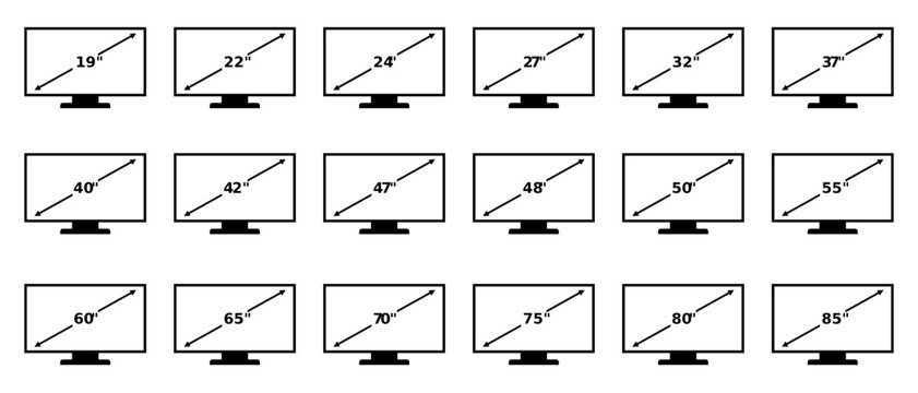 Smart TV screen size 19, 22, 24, 27, 32, 37, 40, 42, 47, 48, 50, 55, 60, 65, 70, 75, 80, 85 inches icon set, label, logo, badge, sign, symbol, banner, line, black, flat vector, isolated illustration.