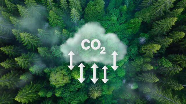 Aerial drone shot of dense evergreen forest canopy with animated CO2 cloud and directional arrows, symbolizing carbon cycle and climate change impact
