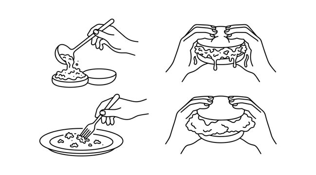 Sloppy Joe Sandwich Preparation Process Vector Set Showing Meat Sauce Ladling Eating and Messy Burger Holding Steps for Menus