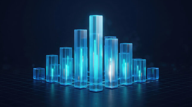 Data analytics business growth chart featuring glowing transparent glass pillars on digital grid for corporate financial presentation