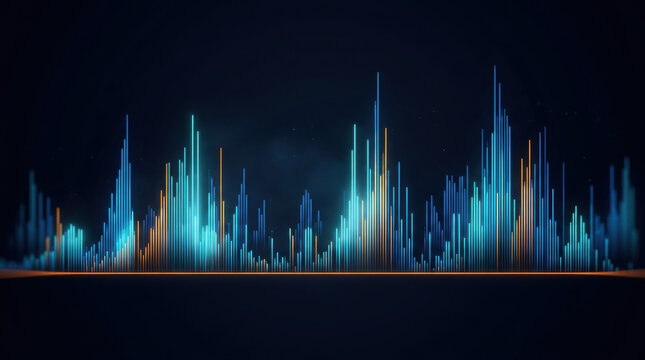 Digital audio spectrum wave and data volatility graph with glowing vertical lines representing financial market fluctuations