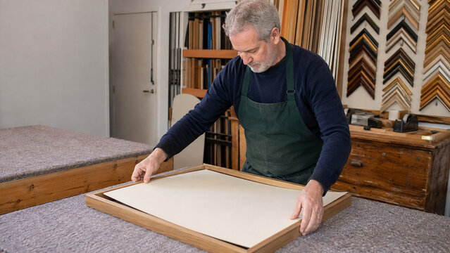 Professional picture framer inserting a mat board into a custom wooden frame in his workshop