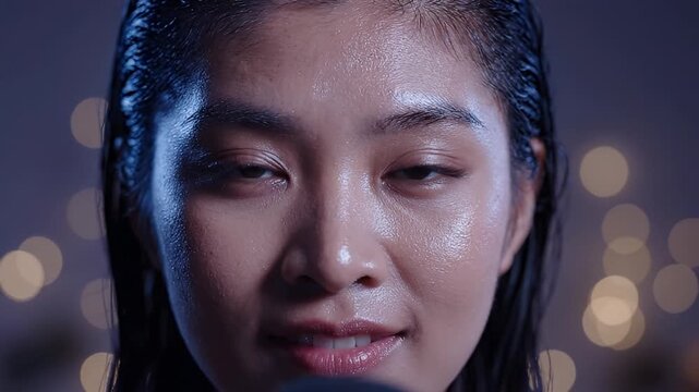 Sweaty asian woman breathing deeply and smiling after intense workout