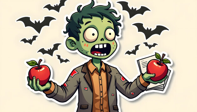 Startled Zombie Boy Sticker Holding Apples and Papers