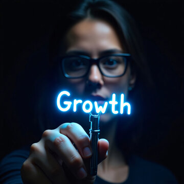 young woman in glasses holding glowing neon growth word in darkness