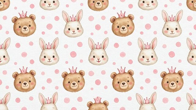 Seamless watercolor pattern with cute bears and rabbits wearing crowns for children