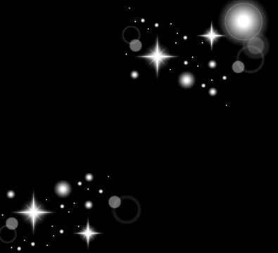 黒背景に輝く白い星と光の粒子、対角に配置されたキラキラエフェクトフレーム素材：星空トーン_bk_背景01　Shining white stars and sparkling light particles on black background, diagonal corner bokeh effect frame