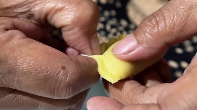Fresh dumplings rest on a bright green tray. Each pastry shows delicate, crimped edges and soft golden hue.
They appear homemade, inviting, and freshly prepared