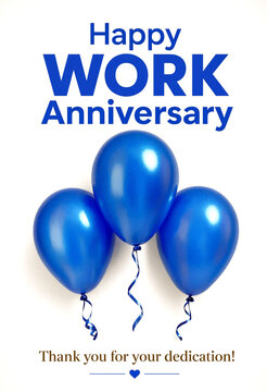 Happy work anniversary celebration with three bright blue balloons and thank you message card design