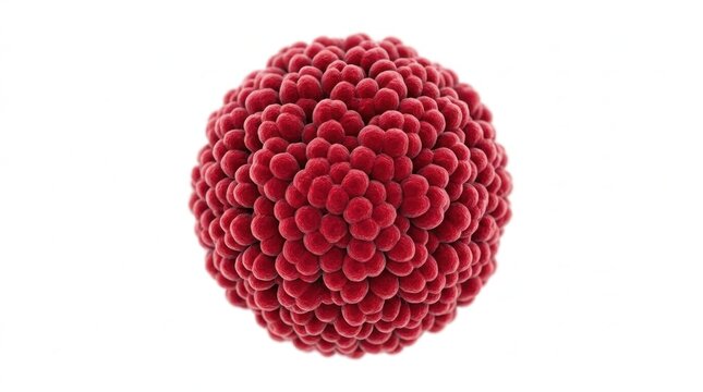 Detailed 3D scientific illustration of a red spherical virus particle or tumor cell cluster with textured capsomeres, centered on a clean white background for medical biological research.