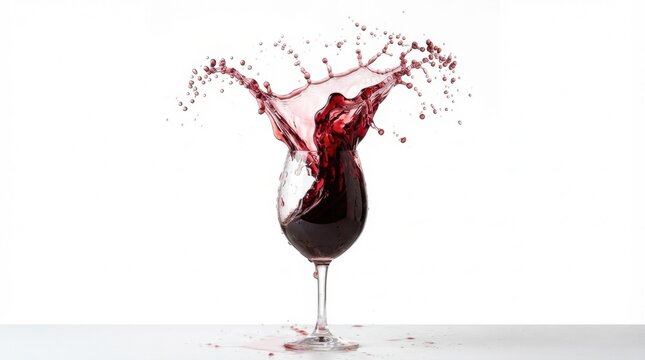 Red wine splashing dramatically out of a clear glass stemware with dynamic flying droplets and liquid crown, shot in high speed freeze motion against a plain white background.