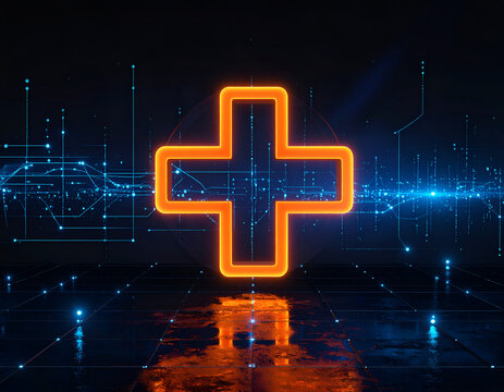 Digital Health Technology Plus Symbol Glowing Neon Orange on Futuristic Circuit Board Background.