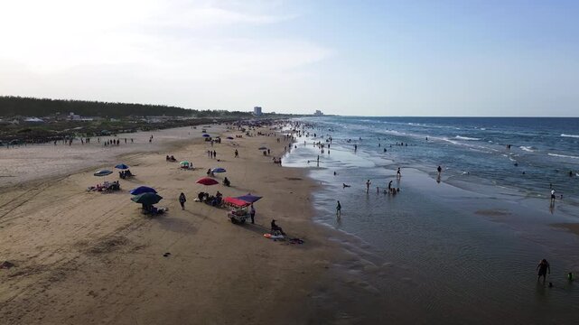 Miramar Beach Ciudad Madero Sunset Aerial View Crowded with Tourists Palapas Vehicles and Gulf of Mexico Waters