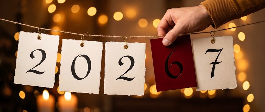 Hand hanging cards displaying 2027 from 2026 with christmas lights background celebration transition christmas calendar decoration seasonal planning greeting marketing corporate