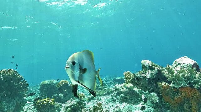 longfin batfish Platax teira swims calmly above a shallow coral reef in Raja Ampat, illuminated by sunlight filtering through the surface.