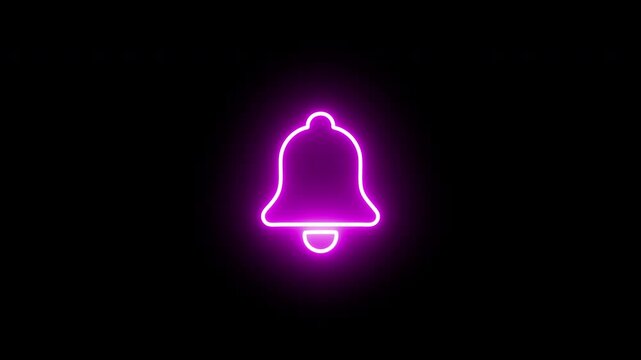 Glowing purple neon notification bell icon on a black background. 4K horizontal video with alpha channel.