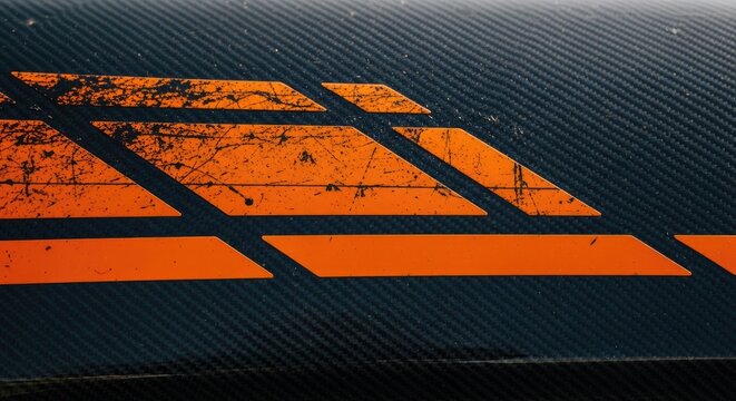 Abstract geometric orange shapes on dark textured background.