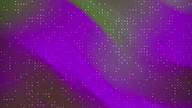 Abstract purple and green waves with glowing digital particle grid